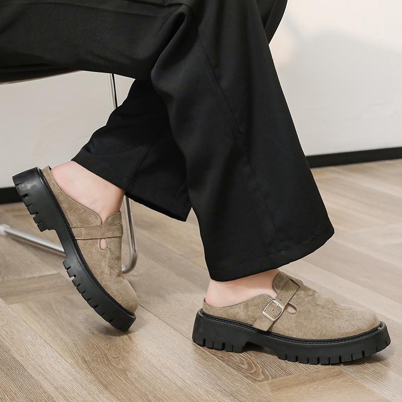 4CM Height Increasing Mules Slippers for Men Fashion Close Toe Slides Home Shoes Outdoor Clogs Suede Leather Platform Sandals