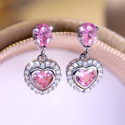 Εξαιρετικά Ροζ Σκουλαρίκια Καρδιά για Γυναίκες Λαμπερά Ζιργκόν Σκουλαρίκια Κρεμαστά Κορεάτικη Μόδα Γαμήλια Κοσμήματα