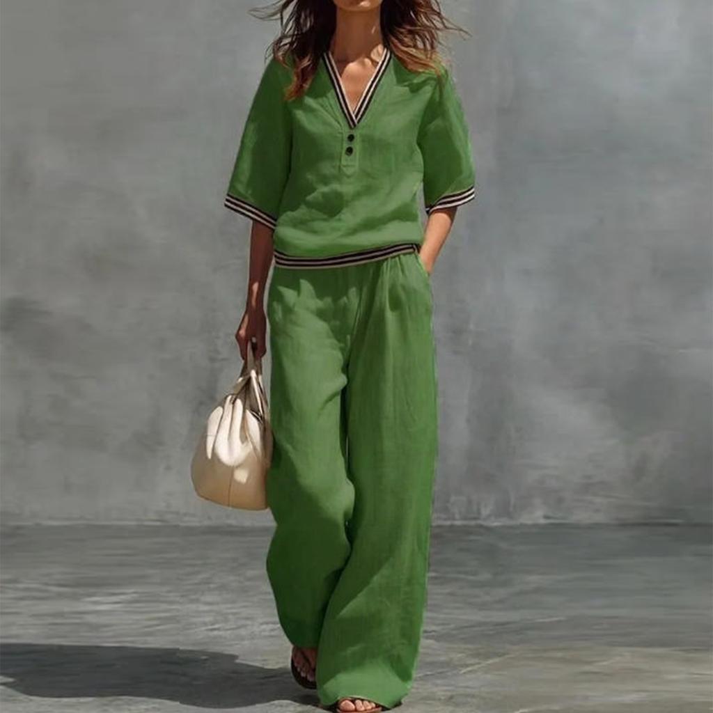 Damen Freizeit Zweiteiler V-Ausschnitt Kurzarm Top und Weite Hosen Lounge Outfit Leichter Bequemer Stoff Stilvolles Design