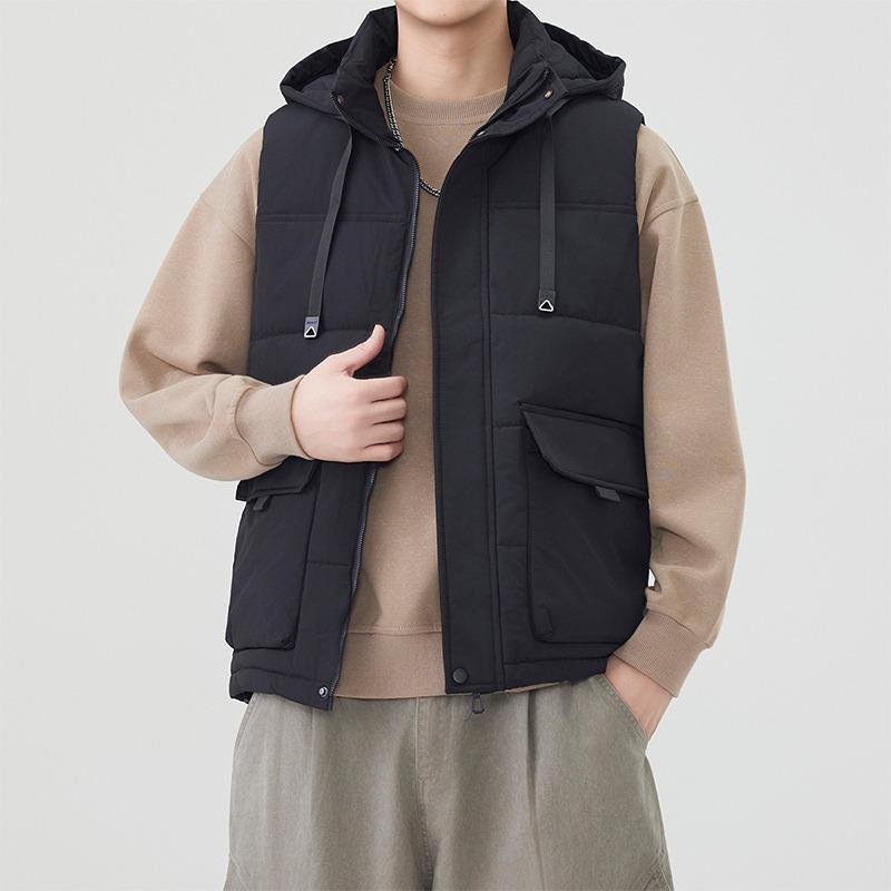 Men's Contrast Color Hooded Zipper Cardigan Pocket Fashion Loose Casual Jacket Vest Top