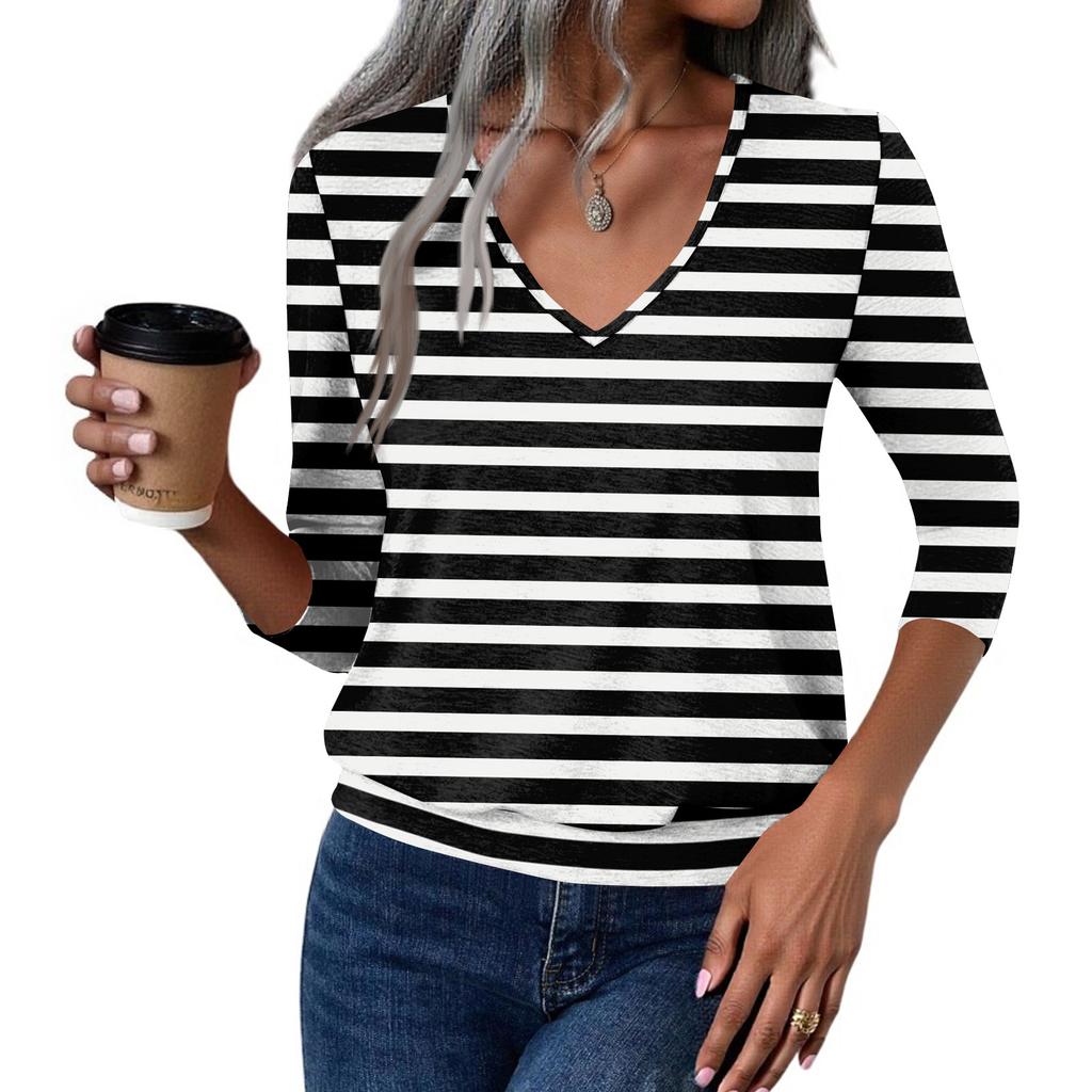 Top de damă casual la modă, cu decolteu în V, mânecă trei sferturi și imprimeu