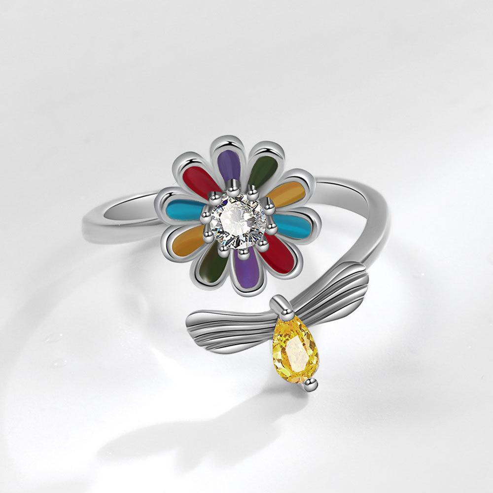 Copper Floral Ring With Zircon Stones For Women Spring Fashion Accessory