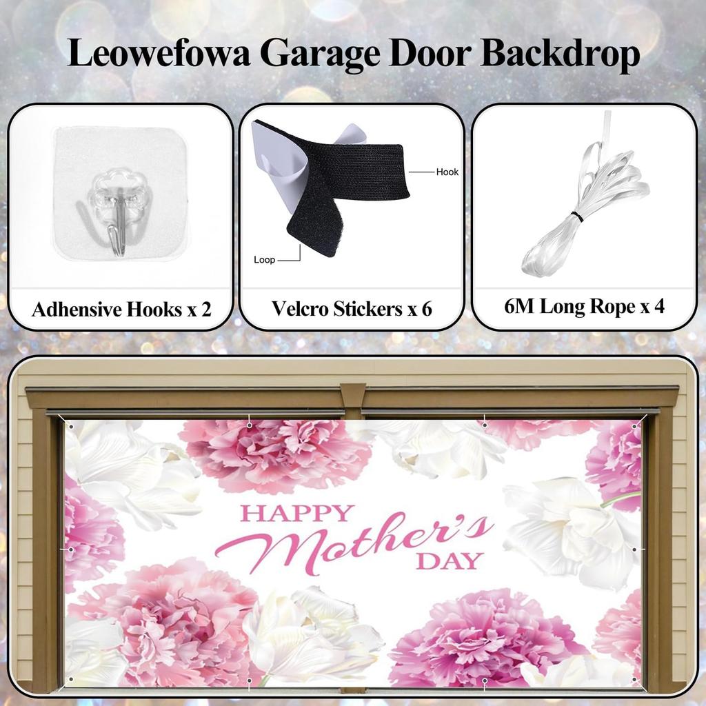 Leowefowa Mother's Day Light Banner 16x7ft Pink Floral Garage Door Decor
