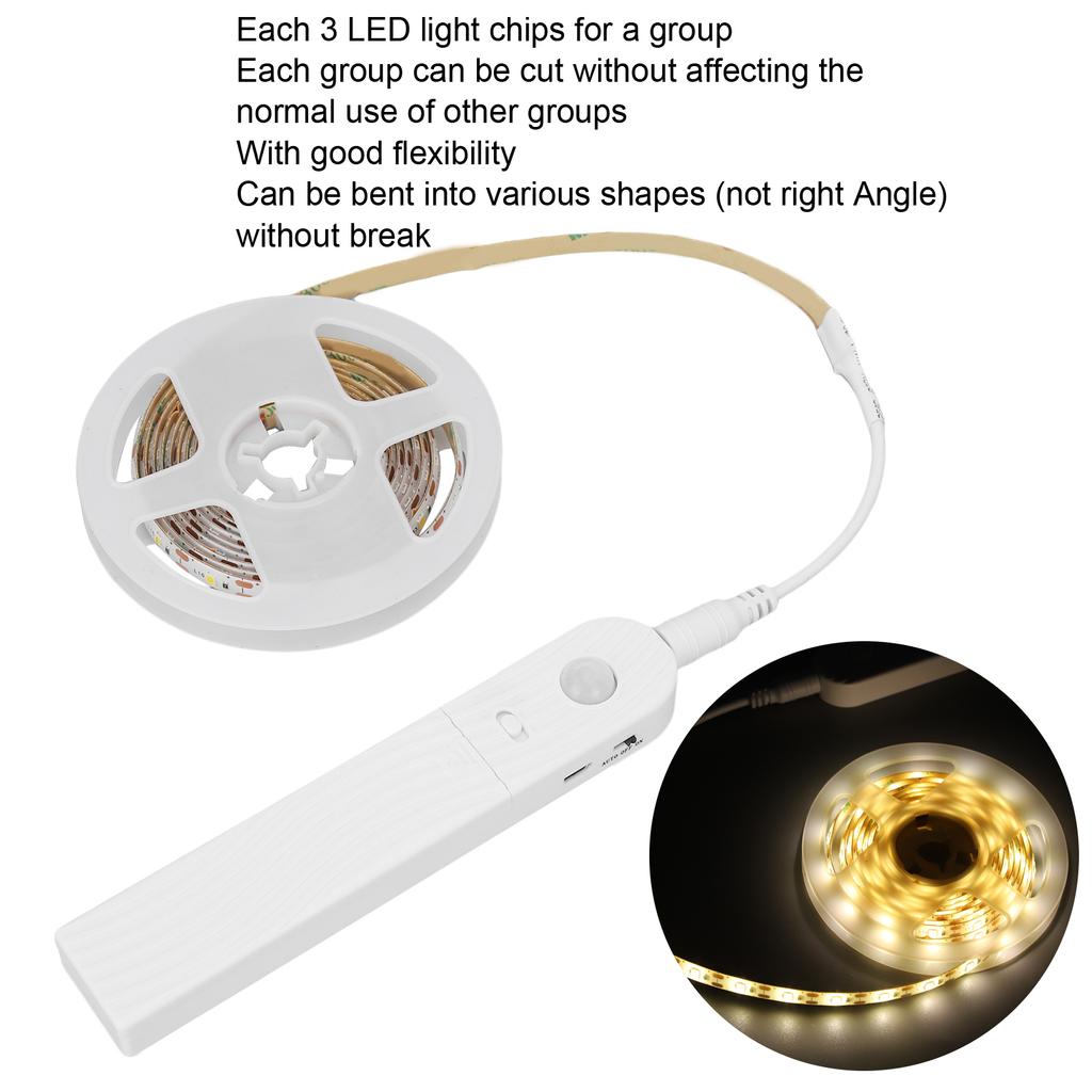 2.2yd Motion Sensor LED Strip Light 3 Brightness Automatic Turn On Motion Activated Bed Light