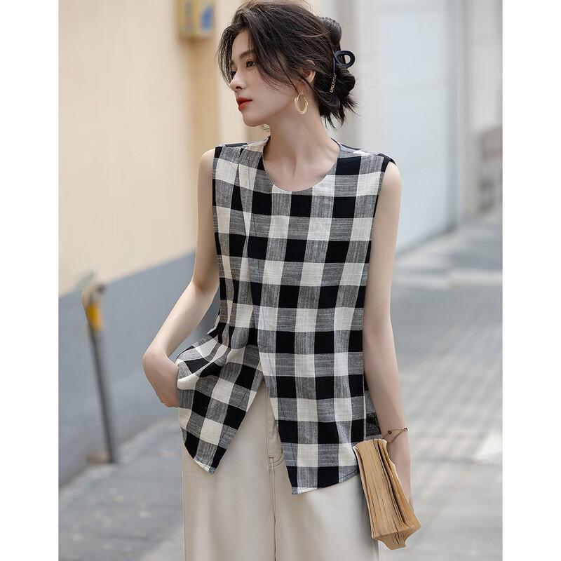 Demana Women s Retro Plaid Sleeveless Cotton Shirt S