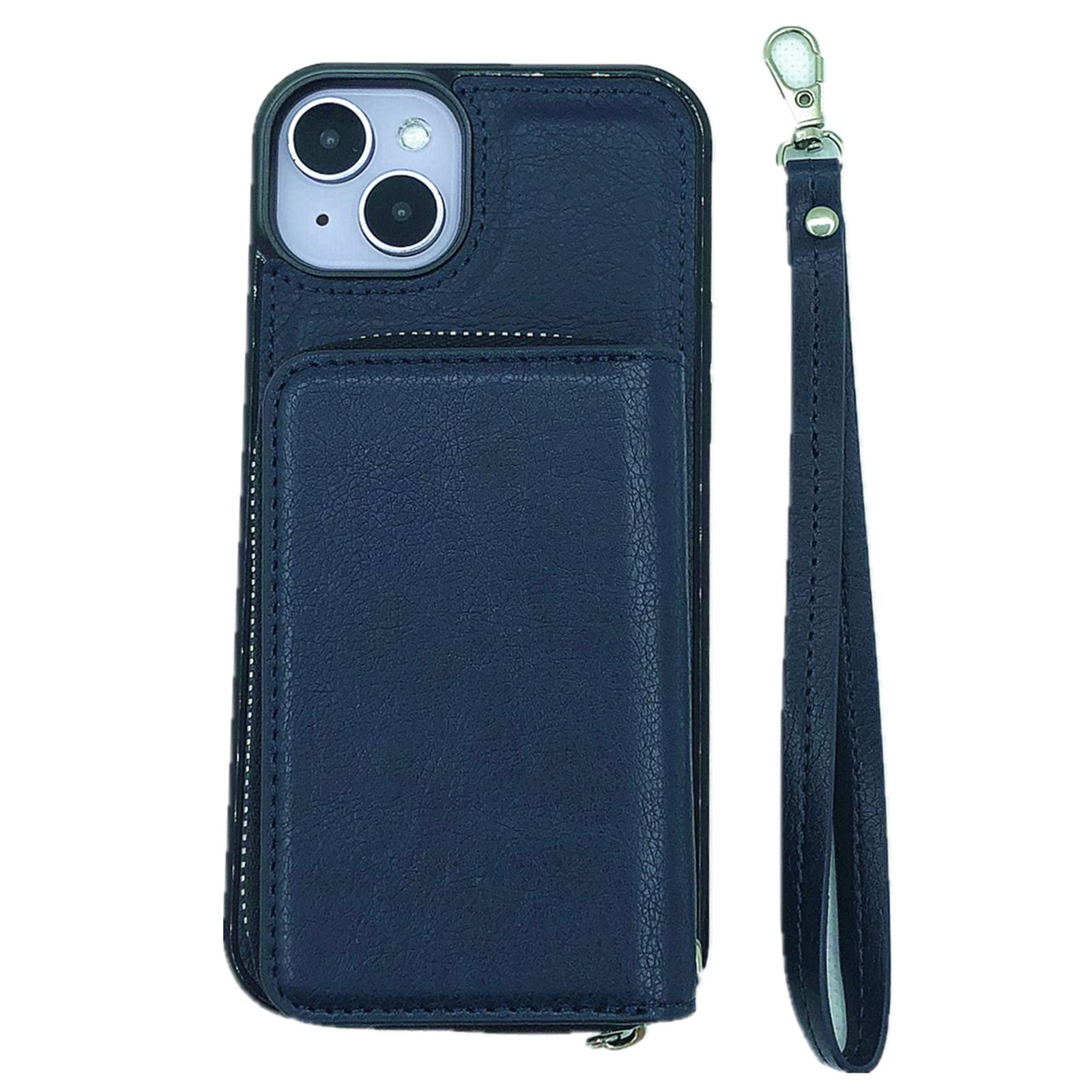 For iPhone 15 Case Detachable Zipper Card Bag PU+TPU Kickstand Phone Case with Strap A