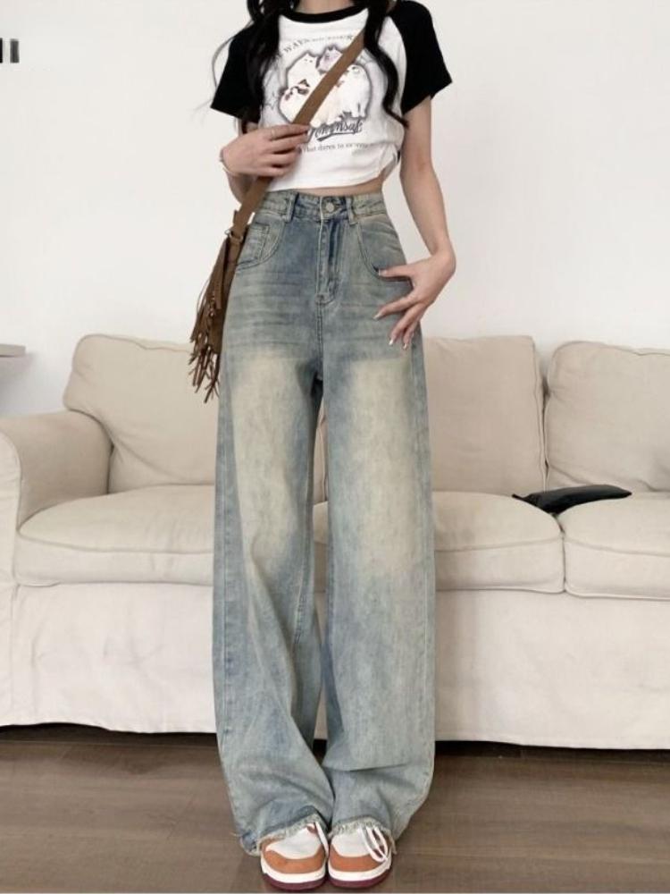 90s Vintage Baggy Blue Jeans Women Y2k Harajuku High Waist Denim Trousers Female Retro Fashion Sense Aesthetic Wide Pants Casual