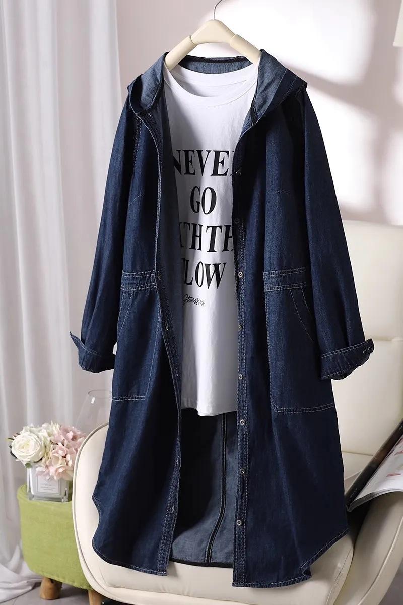 

Autumn new medium and long denim cardigan jacket women s long-sleeved solid color hooded big pocket casual top s recommended 42.5-52.5kg джинсовый синий