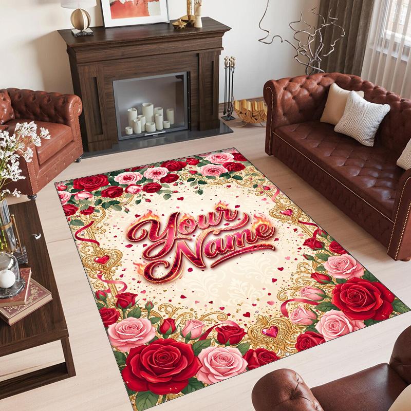 Hearts Theme Crystal Velvet Floor Rug Personalized Custom Name Text Warm Carpet Home Decoration