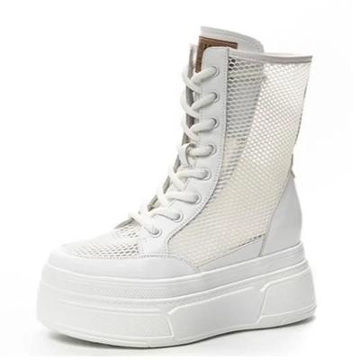 Mode Topkwaliteit 8,5cm Mesh Ademende Motorfiets Enkellaarzen Lakleren Schoenen Dames Holle Laarzen Vrouw Mode Sandalen Zomer