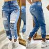 Women's High Waist Letter Print Ripped Denim Jogger Jeans Elastic Cuff Streetwear Distressed Denim Pants