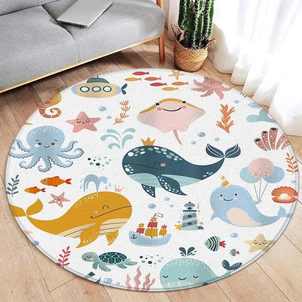 Wildlife Cartoon Animals Round Carpet Cute Dinosaur Whale Themed Kids Bedroom Rug Home Living Room Decorative Floor Mats