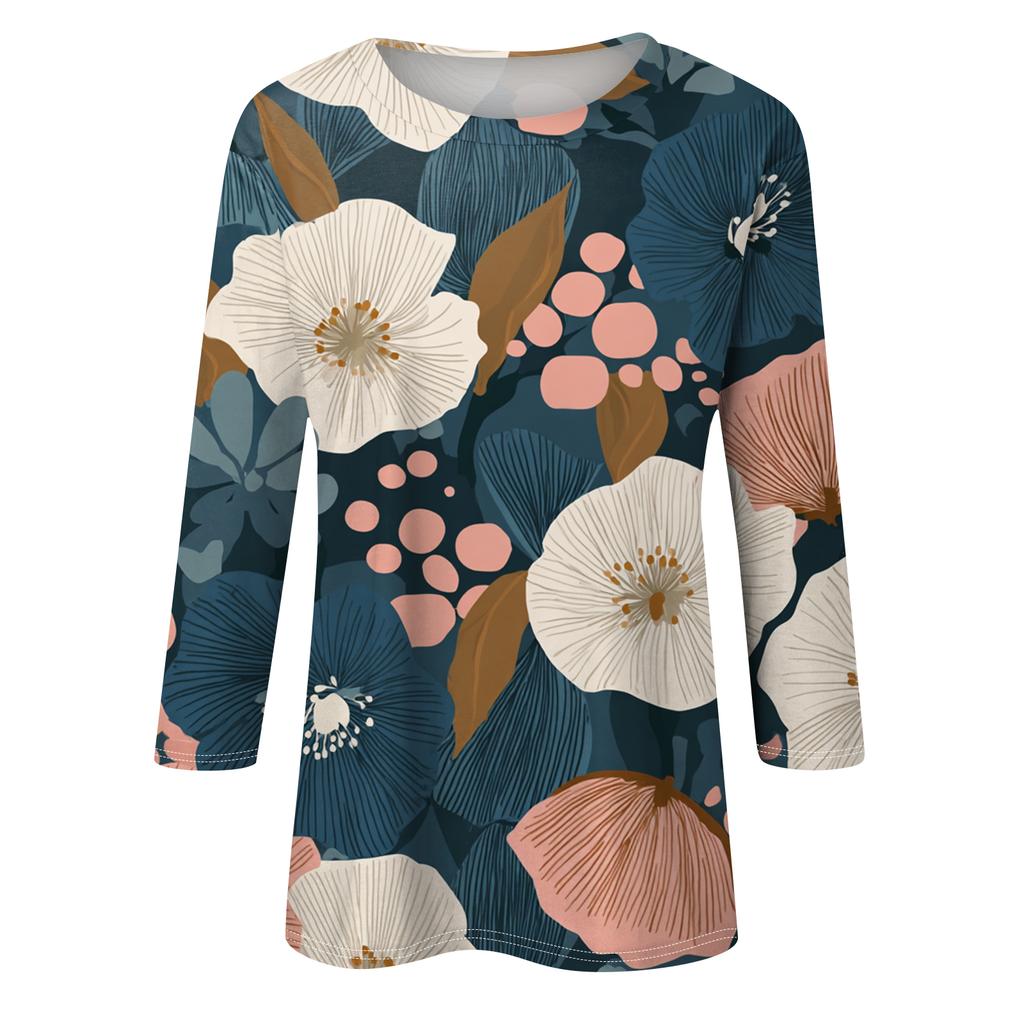 Women's Fashion Casual Round Neck Three-quarter Sleeve Retro Floral Print T-shirt Top