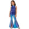 Children‘s Shiny Sequins Halter Neck Backless Jazz Dance Bodysuit and Split Flare Metallic Pants for Competition Recital