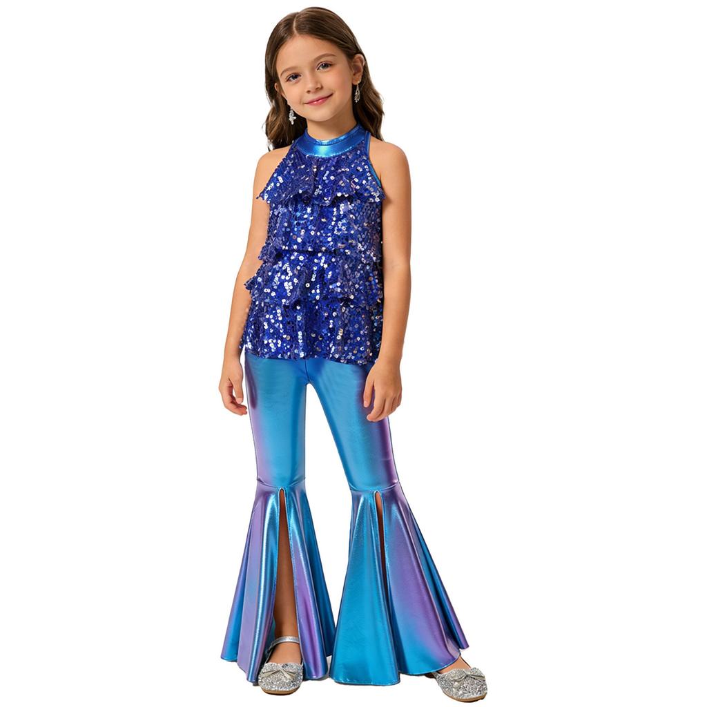 Children‘s Shiny Sequins Halter Neck Backless Jazz Dance Bodysuit and Split Flare Metallic Pants for Competition Recital