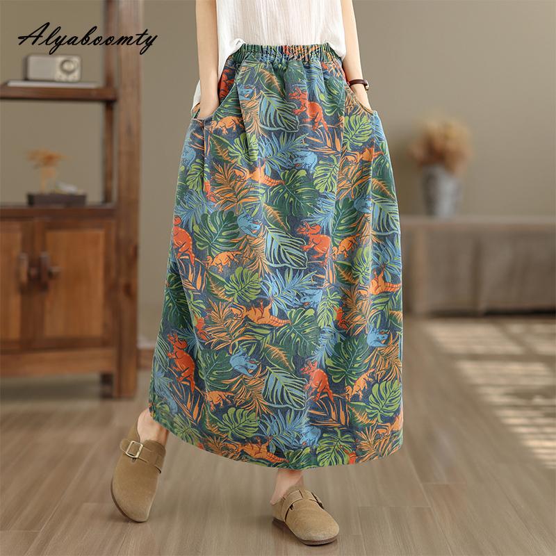Plus Size Korean Style Spring Summer Women Denim Skirt Elastic Waist Plant Animal Print Skirt Vintage Split Ladies' Skirt