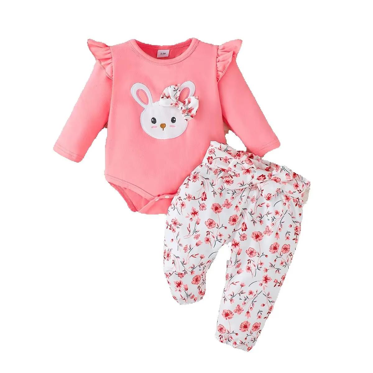 3PCS Baby Girl Clothes Outfits Long Sleeve Lovely Rabbit Bodysuit+Flower Pants+Headband Autumn Casual Wear for Infant 0-18 Months 0-3M розовый