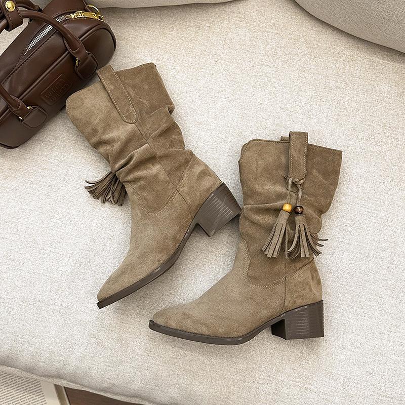 

2025 осень и зима новые ретро замшевые толстый каблук ковбойские сапоги ботинки мартин женские сапоги удобные и универсальные сапоги на платформе 39 хаки