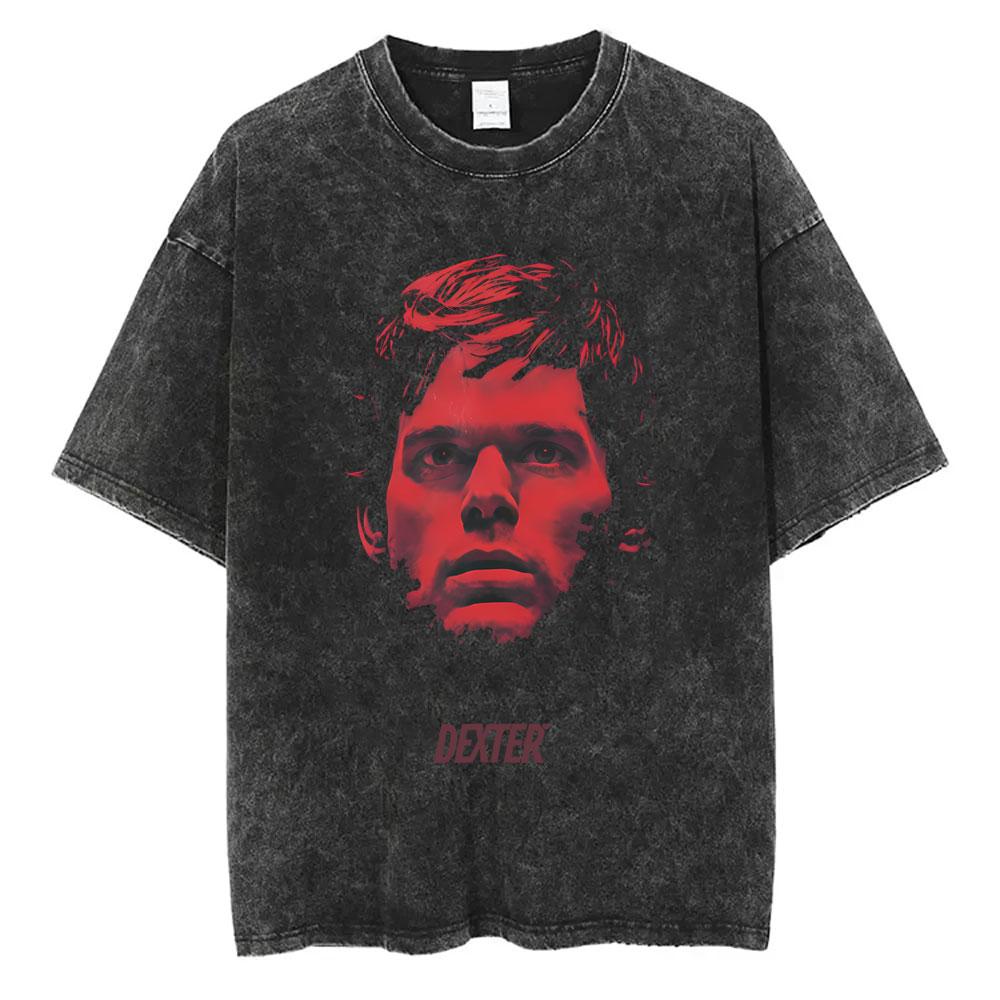 Washed Vintage TV Play Dexter Morgan Face Graphic Tshirt Men Women Casual Cotton Oversized T Shirt Male Classic Gothic Tshirts