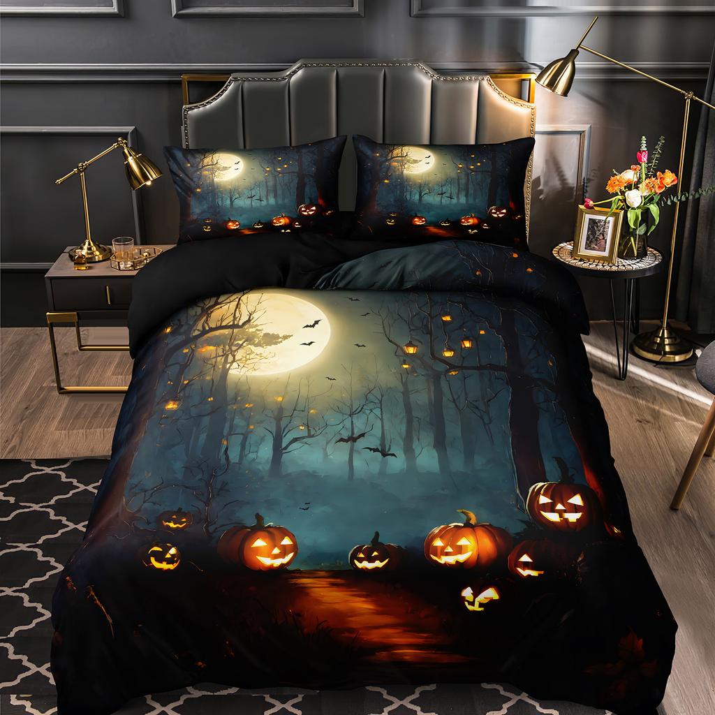 Cat Pumpkin Duvet Cover Set Halloween Comforter Cover Ghost Bedding Set Horror Quilt Cover Black Room Decor 3PCS NO Comforter