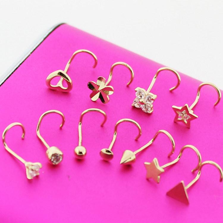 Pure 10K Gold Stud Earrings - Mini Sparkling Zircon Heart, Star, and Sphere Nose Studs and Cartilage Earrings for Women trendy