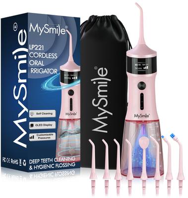 MySmile LP221 Akku-Munddusche mit Hygiene 335ml Groß Tragbar OLED 4 8 Aufbewahrungsbeutel für Heim- und Reisegebrauch Management, Kapazität, Anzeige,