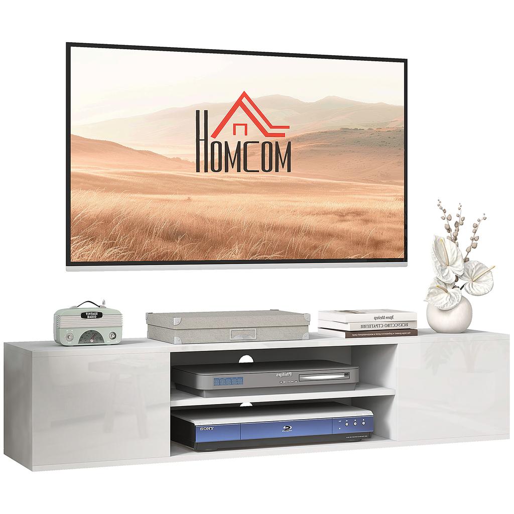 Floating TV Stand Cabinet for TVs Up To 60", Wall Mounted TV Unit with Open Shelf, Storage Cupboards and Cable Management for Living Room, White