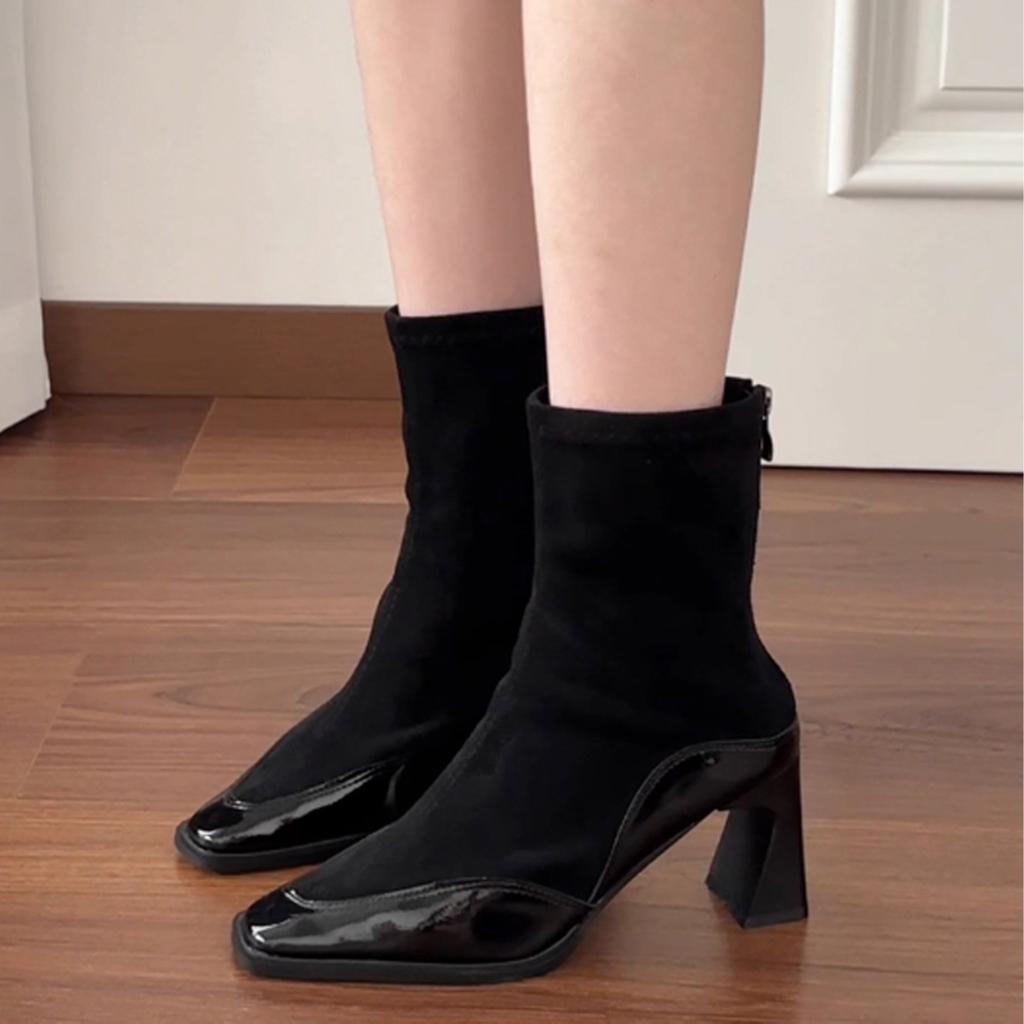 Cowhide Version Autumn and Winter Temperament Elastic Thin Boots High Heel Boots Rear Zipper Fashion Boots Square Head Simple Versatile Short Boots