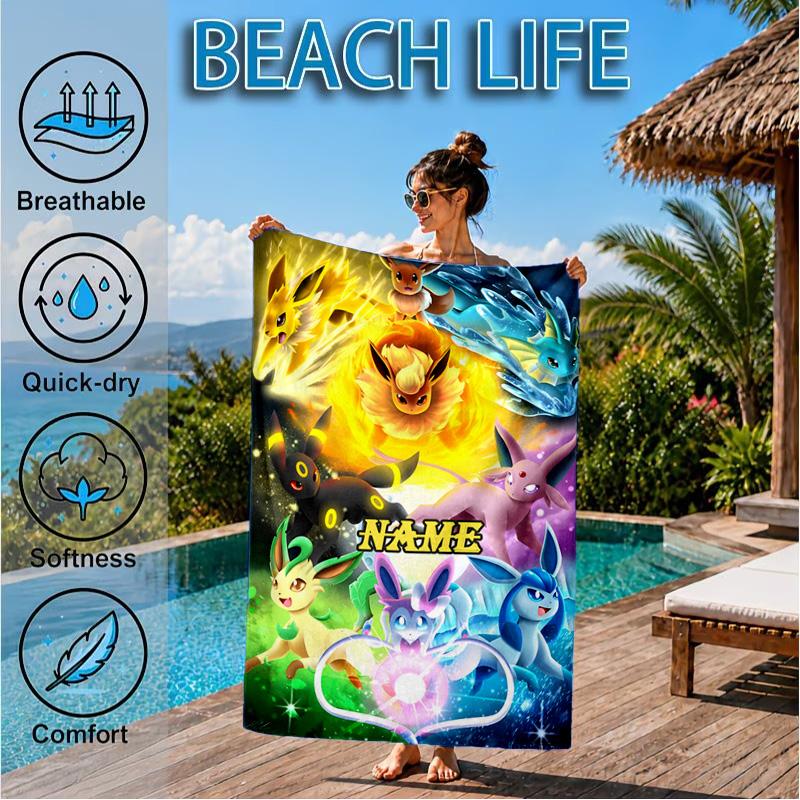 Custom Name Beach Towel Poke Eeveelutions Microfiber Beach Towel Super Soft & Absorbent for Bath, Beach, Travel  Bath Time Accessory, Fan gifts