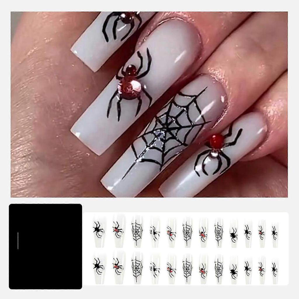 24Pcs Long Coffin Press On Nails with Glue Halloween White Spider Web Acrylic Nail Set