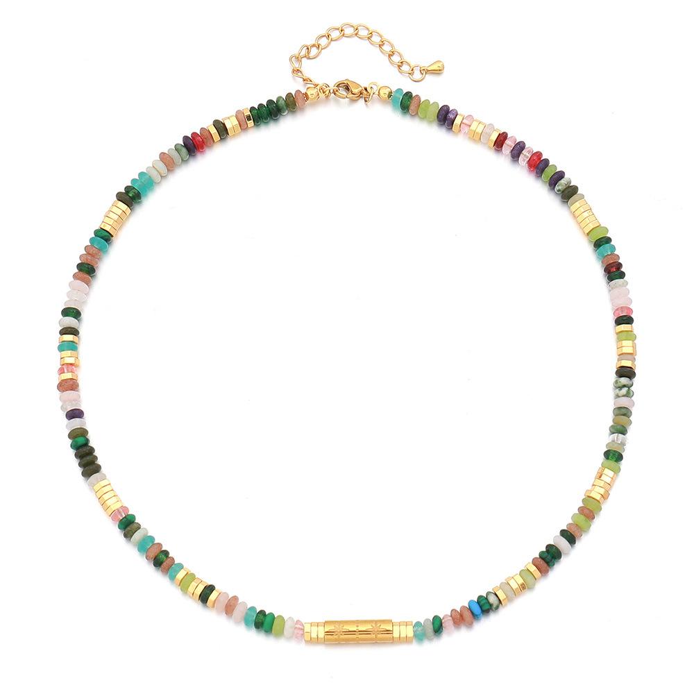 GEMCHIC Women s Colorful Natural Stone Beaded Layered Necklace Stainless Steel Geometric Pendant Choker