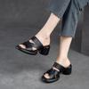 Johnature Hollow Out Breathable High Heel Slippers Genuine Leather Peep Toe Casual Slides Versatile Women Shoes