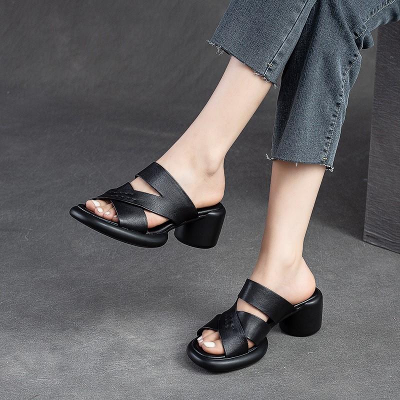 Johnature Hollow Out Breathable High Heel Slippers Genuine Leather Peep Toe Casual Slides Versatile Women Shoes