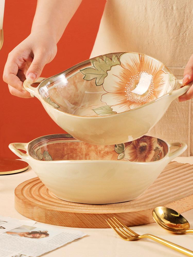 Jasmine 8-Inch Double-Ear Ceramic Bowl – Japanese Style Soup, Salad, or Fruit Bowl with Creative Underglaze Design