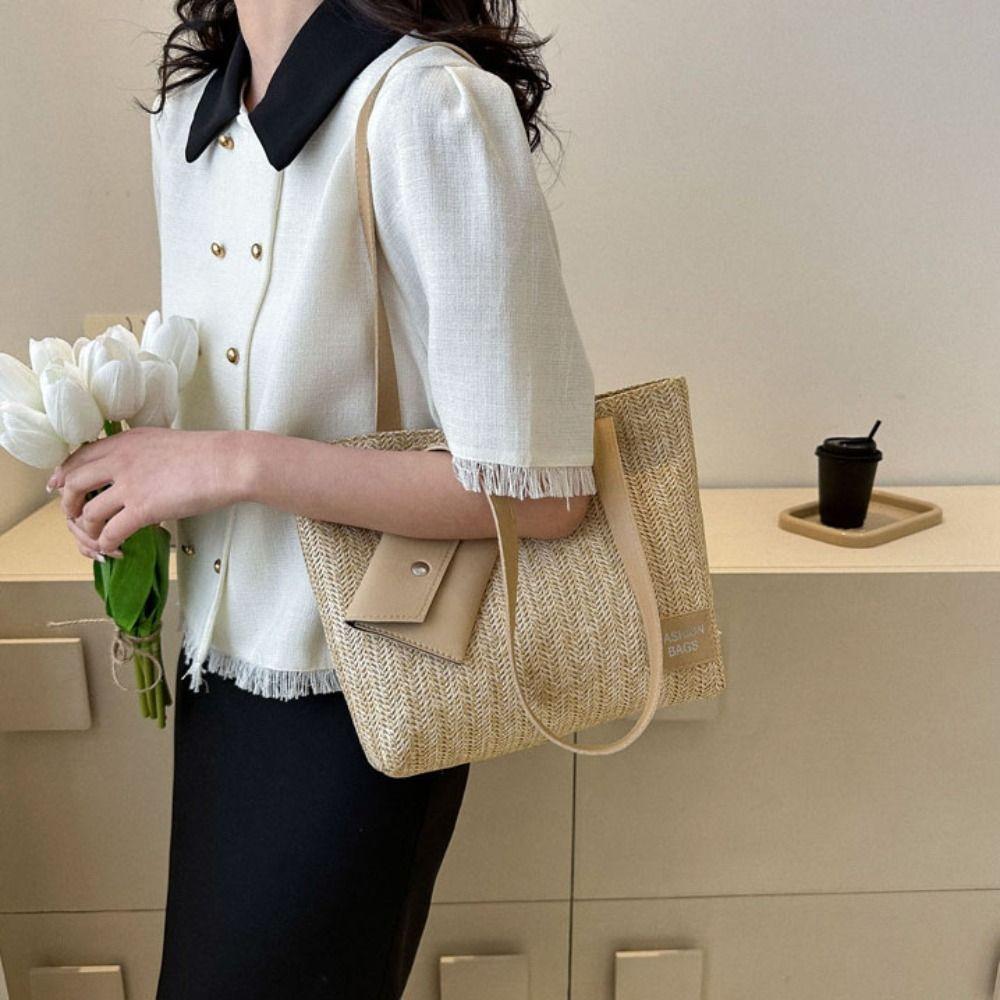 Bohemian Style Weave Straw Tote Bag Square Raffia Shoulder Bag Casual Beach Bag Streetwear