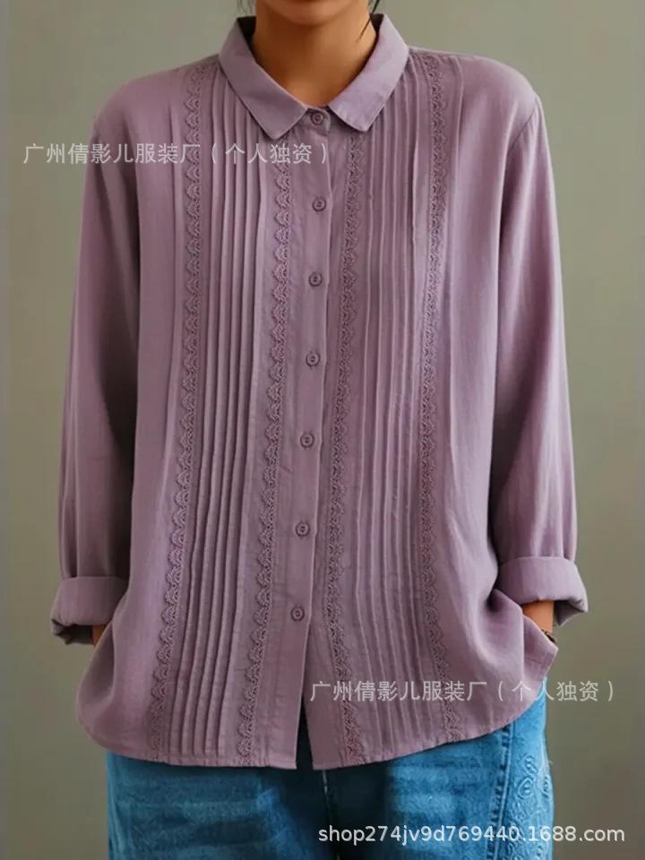 White Long Sleeve Shirt with Front Pleats and Lace Trim