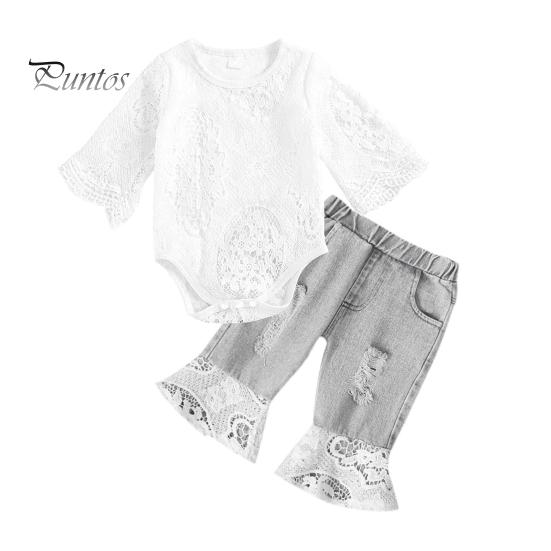 

2 шт./комплект детский костюм ажурный кружевной топ с цветочной вышивкой круглый вырез комбинезон эластичный пояс джинсовые брюки детский наряд для весенних выходов вечеринок 80 cm белый