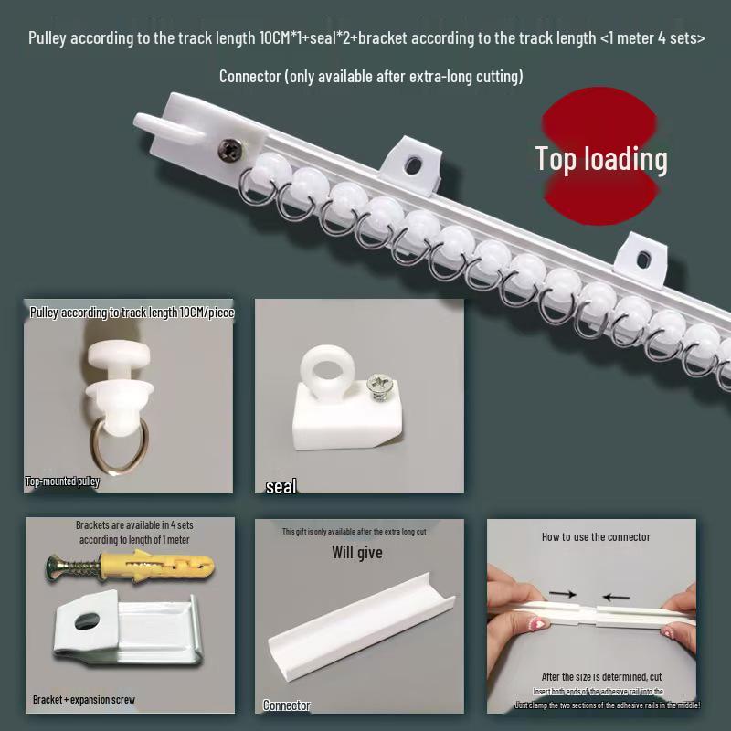 Samolepicí tichá posuvná kolejnice na závěsy bez vrtání s vodicí lištou a kladkou