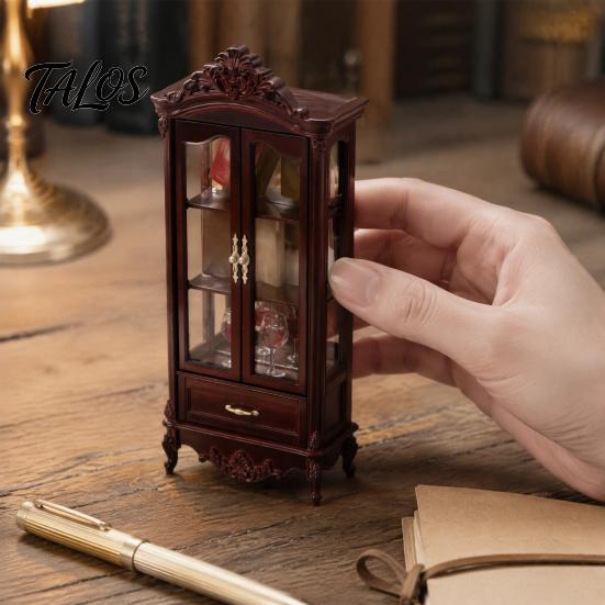 European Style Doll Mansion Accessory Miniature Curio Cabinet, 1/12 Scale Mini Wine Wooden Tiny Display Cabinet with Detailed Furniture Drawer,