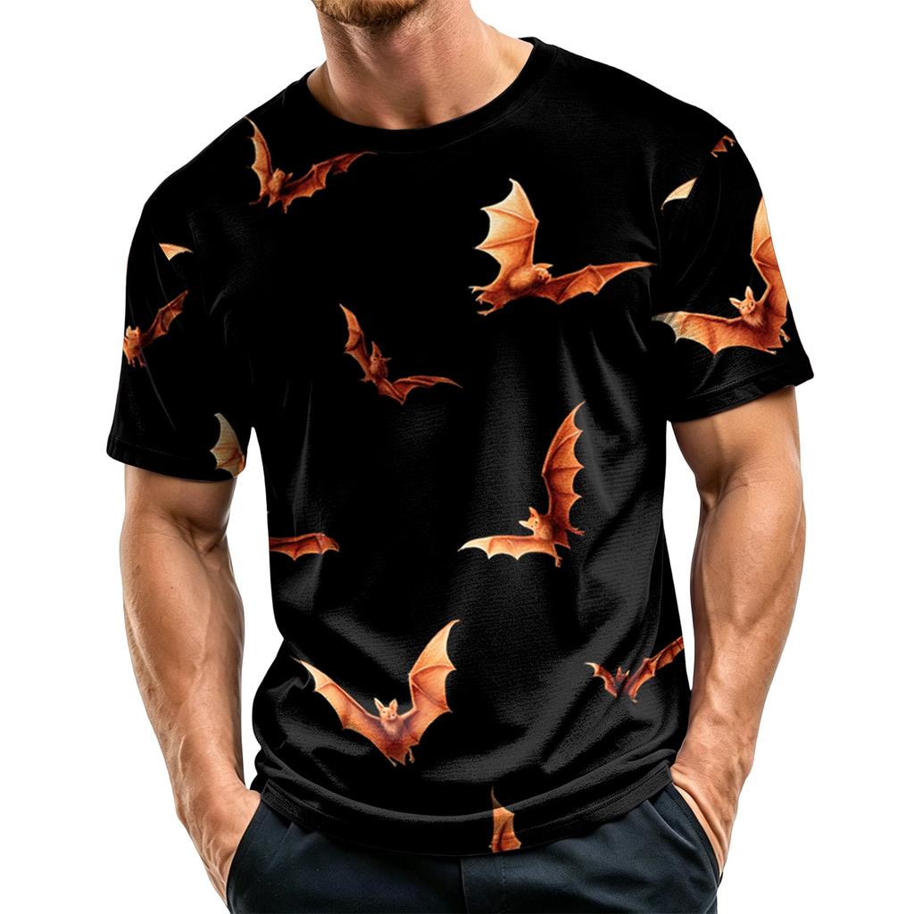 Men’s Casual Crew Neck Lightweight Breathable Short Sleeve T Shirt with Halloween Bat Print Loose Fit Comfortable Top