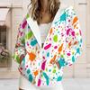Women Plus Size Zip Up Drawstring Hoodie Long Sleeve Colorful Paint Splash Print With Pockets