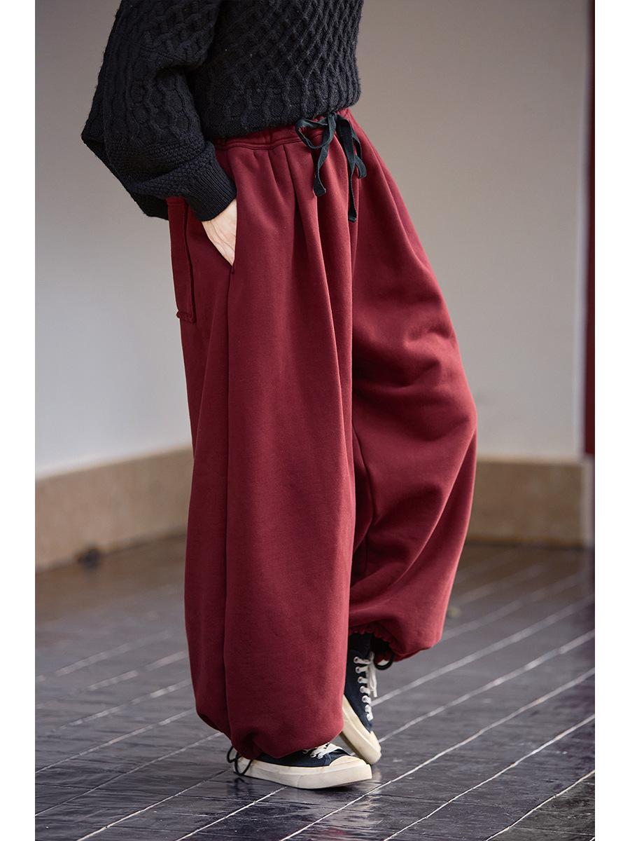 

Wine Red Retro Knit Casual Cuffed Sweatpants - Elastic Waist, Cotton, Versatile for Autumn/Winter Large