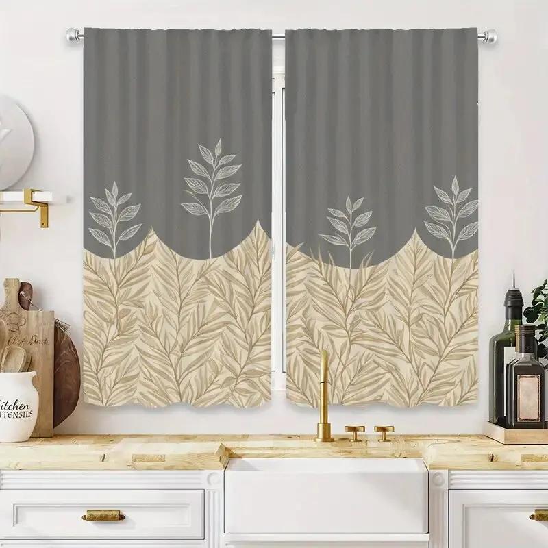

Beige Leaf White Pattern Printed Curtains Bedroom Living Room Home Decoration Curtain For Made Of Polyester W100*H70(CM)-Grommet top&1PCS