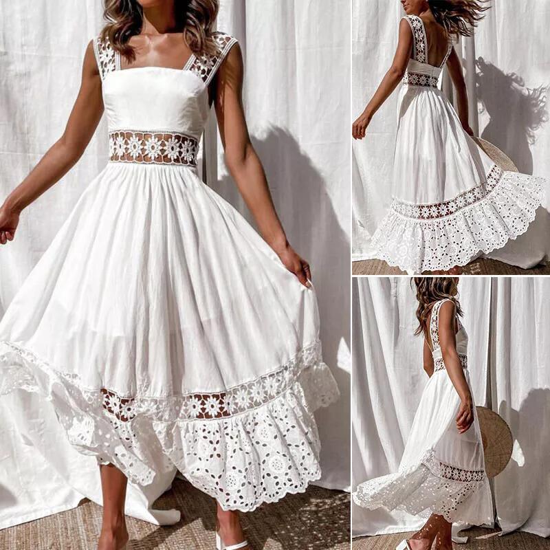 Női női boho csipke maxi ruha Nyári alkalmi nyaralás Beach Long Sundress