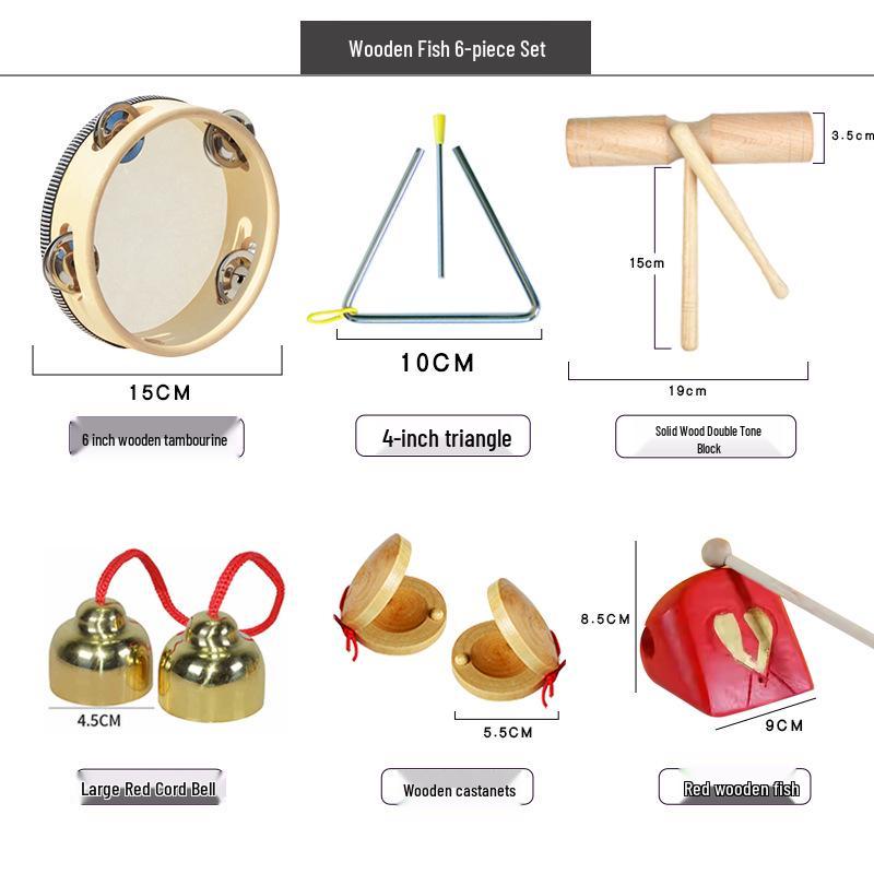 Children's Orff Percussion Instruments: Triangle, Castanets, Maracas, Tambourine, Wood Block, Cymbals