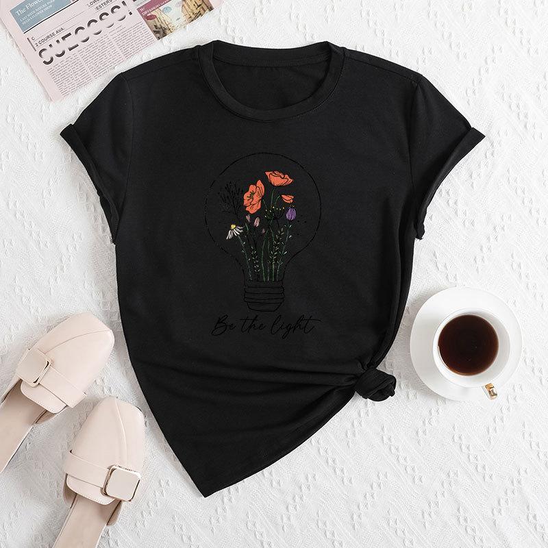 Summer Women's Fashionable Light Bulb Short Sleeved Casual Loose Cotton Round Neck Top