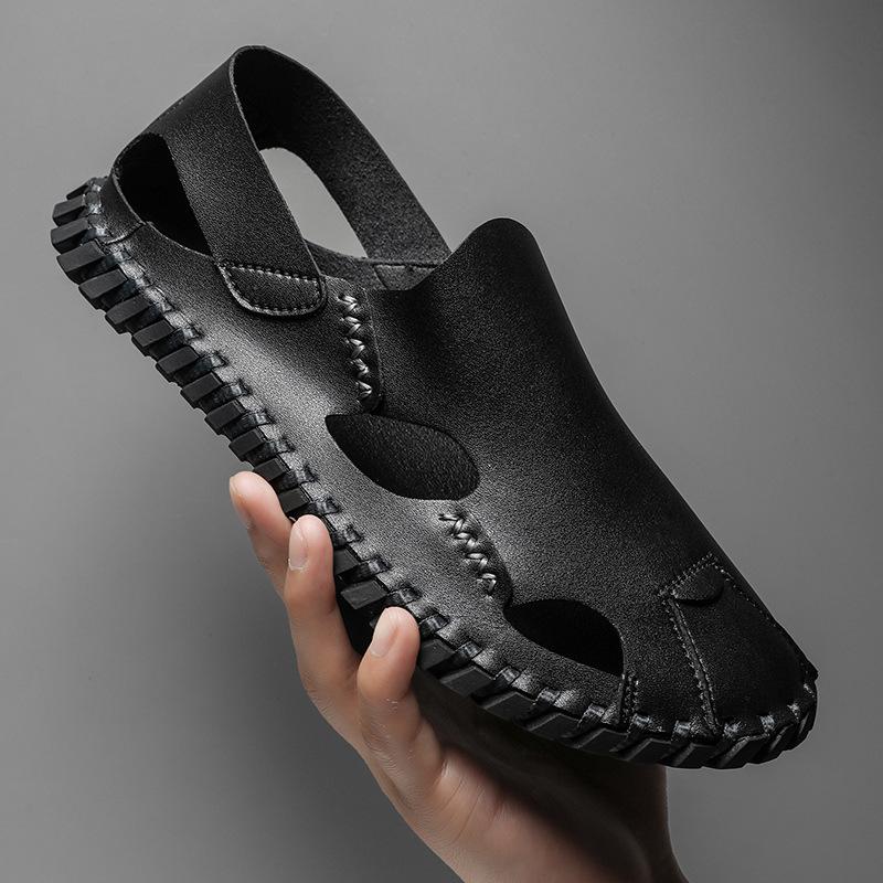 Fashion Men Sandals Summer Hollow Men's Casual Shoes Soft Stitching Baotou Sandals Fashion Leather Sandals Non-slip Beach Shoes for Men