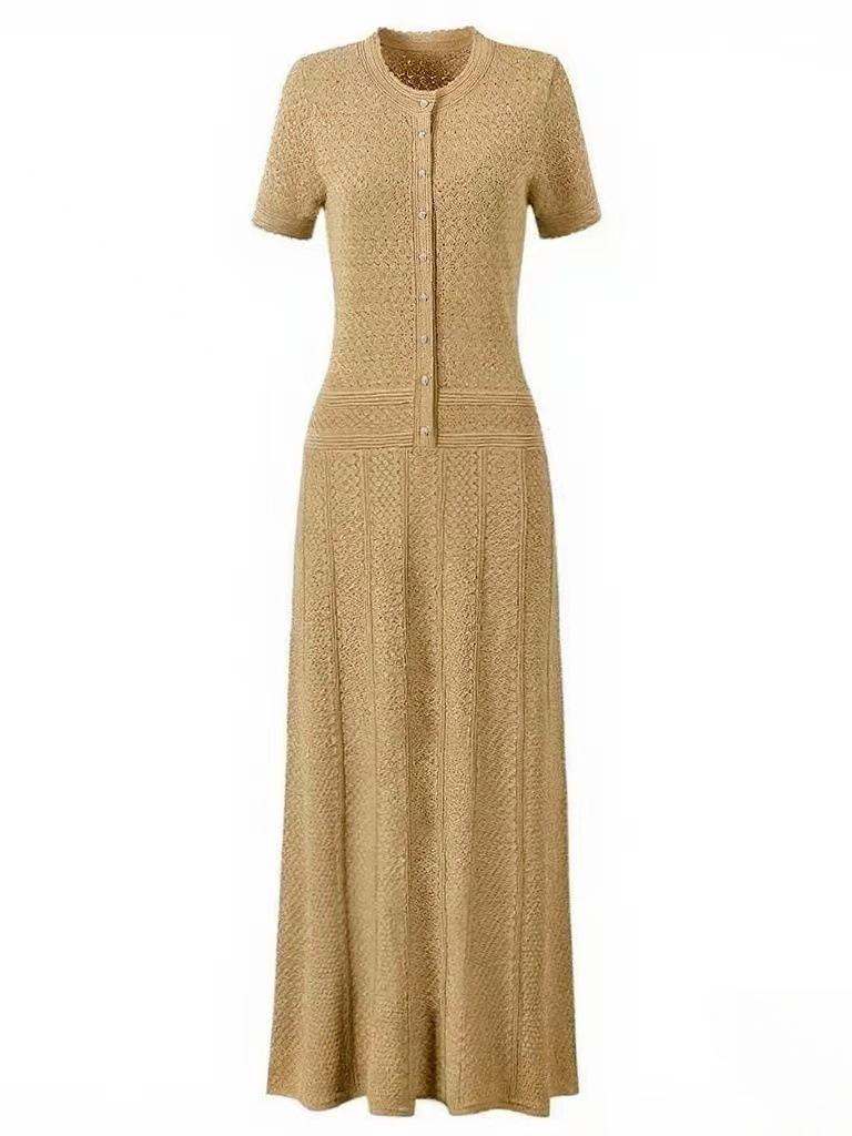 Rochie Lungă Elegantă S5 Primăvară/Vară cu Imprimeu Floral Francez, Decolteu Rotund, cu Nasturi