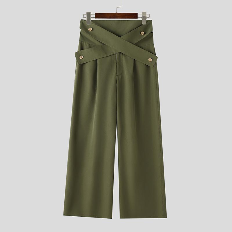 INCERUN Men's Avant Garde High Waist Front Cross Wide Leg Pants Long Trousers