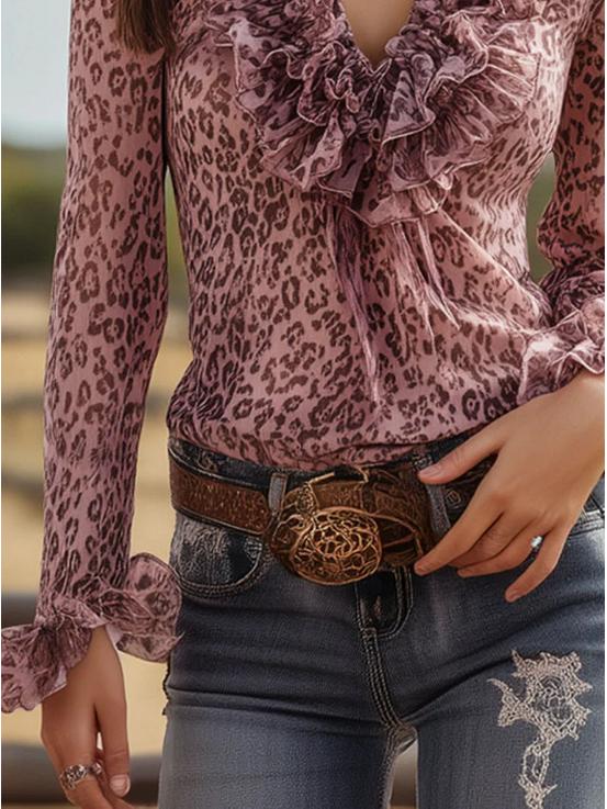 Rosa Leopardendruck Chiffon V-Ausschnitt Rüschen Langarmshirt